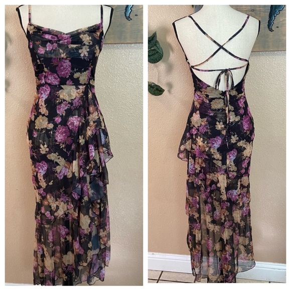 Lulus Dresses & Skirts - NWOT Lulus Romantic Ruffle Floral Black Mesh Midi Dress – Size medium